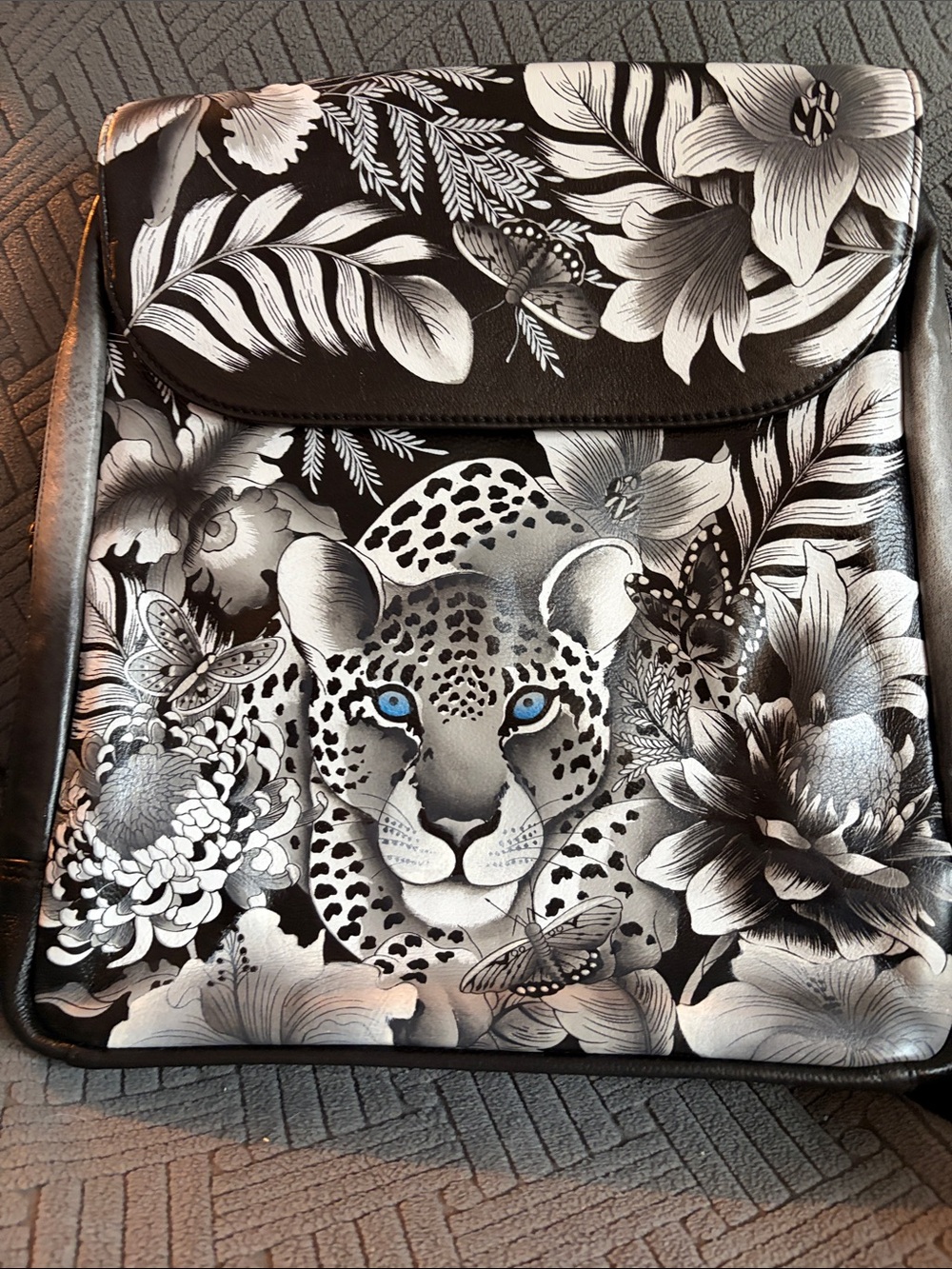 Anuschka Black and White Signature Leather Tote with Floral Accent